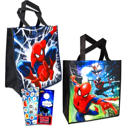Marvel Spiderman Tote Bags Value Bundle - 3 Pc Spiderman Reusable Large Tote Superhero Grocery Bags with Stickers (Spiderman Storage and Organizing Supplies)