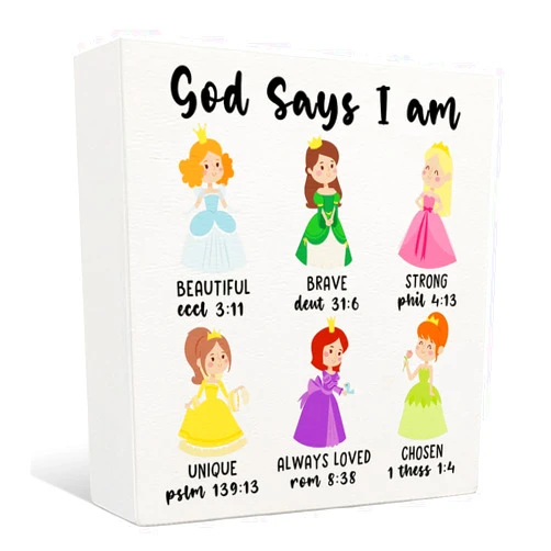 Nrleey Princess Decor for Girls Bedroom - Princess God Says I Am Wooden Box Signs, Inspirational Christian Bible Verse Decor for Girl Room, 5 X 5 Inches