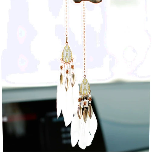 YGMONER Mini Dream Catcher Car Interior Rearview Mirror Hanging Decor Nature Feather Small Boho Car Charms Pendant Accessories (New White)