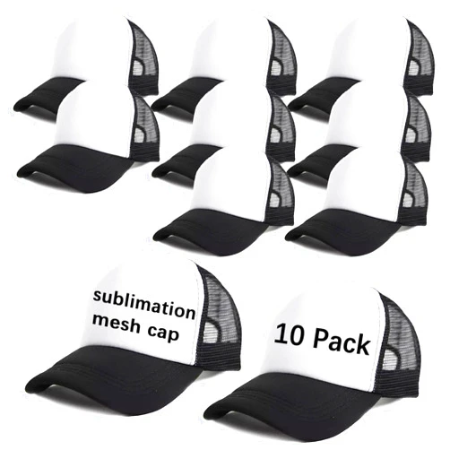 OKBA Sublimation Blank Baseball Cap Polyester Mesh Black Trucker Hat Adult (Black and White hat *10PCS)