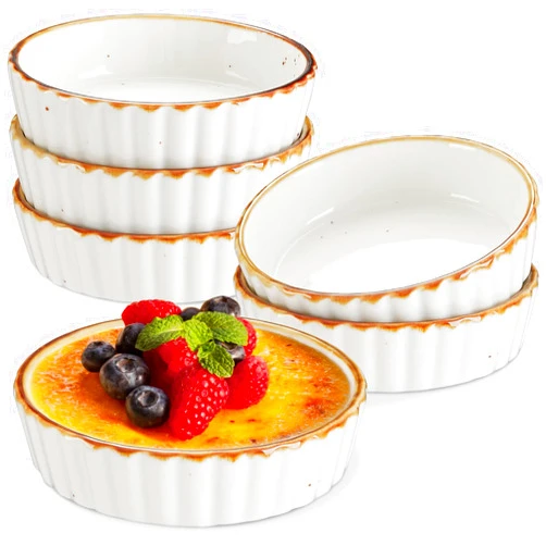ONEMORE Ramekins 4 oz - Oven Safe Shallow Ramekins with Brown Rim for Creme Brulee - Speckled, Fluted, Set of 6