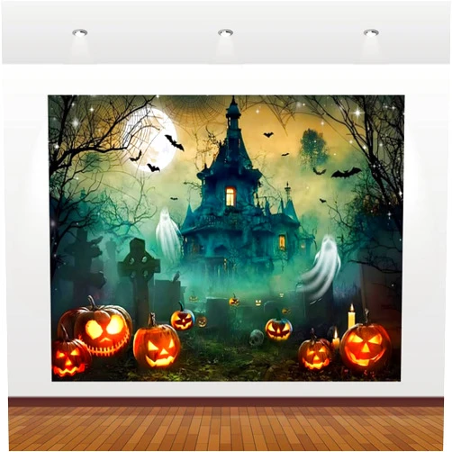 ChloropLastid Halloween Backdrop 10x8ft Scary Graveyard Cemetery Castle Haunted House Background Full Moon Misty Woods Forest Tombstone Ghost Bats Skull Pumpkin Lantern Halloween Party Decorations Banner