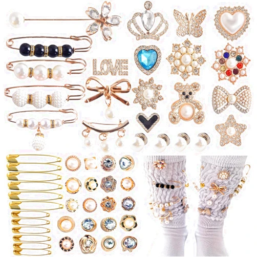 KJML DIY Charms for Socks 55pcs Sock Charms Pins Bling Sock Jewelry Charms Gold Sock Charms Brooch Sock Accessories Charms Designer Safety Pin Charms for Socks Shoes Junk Sock Charms