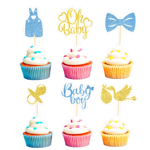 Moffris 24Pcs Glitter Oh Baby Cupcake Toppers Baby Boy Cupcake Toppers for Baby Shower Gender Reveal Birthday Party Supplies
