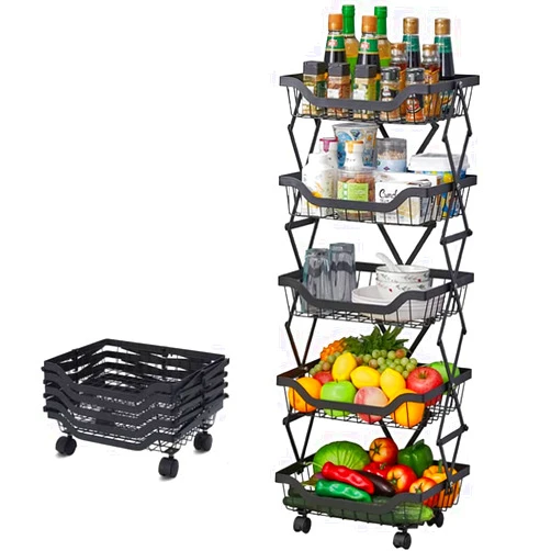 CarolynDesign 5 Tier Fruit Basket for Kitchen,Metal Stretch Fruit Basket Stand No Need to Install Wire Kitchen Storage Basket with Wheels,Stackable Vegetable Storage Baskets for Onions and Potatoes