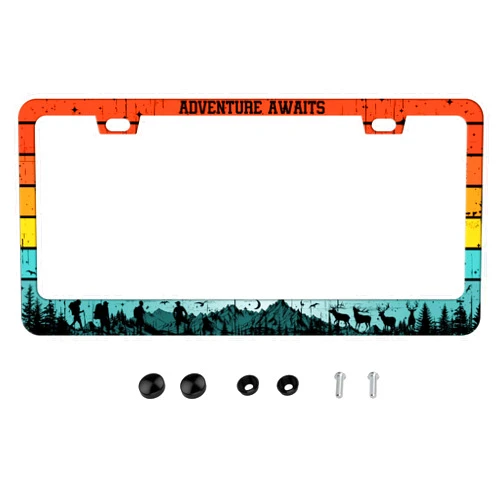 EXMENI Adventure Awaits License Plate Frames Retro Forest Car Tag for Car Personalized Decorative Parts