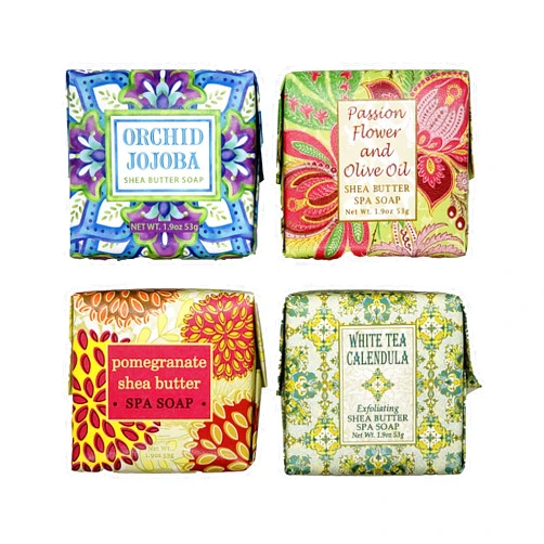 Greenwich Bay Trading Company Botanical Collection Bundle: 1.9oz Mini Wrapped Soap Blocks - Orchid Jojoba, Passion Flower, Pomegranate, White Tea