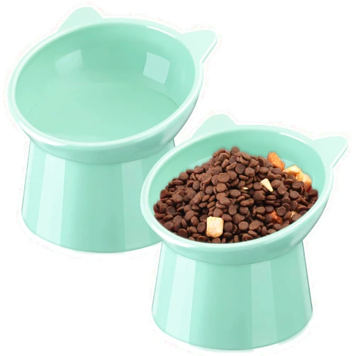 Zhehao 2 Pieces Plastic Raised Bowl Tilted 15 Degrees Elevated Cat Food and Water Bowls Set Anti Vomit Dog Kitten Food Dishes Pet for Cats and Small Dogs (Green)