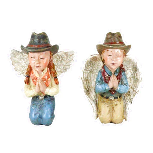 Ebros Gift Set of 2 Rustic Western Cowgirl and Cowboy Angels Wearing Hats Praying On Their Knees Figurines 6.25
