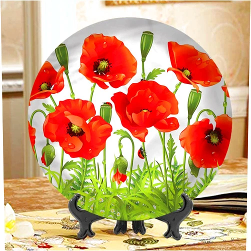 XISUNYA 6 Inch Ladybugs 3D Printed Decorative Plate,Red Poppy Flower Border Round Porcelain Ceramic Plate Decor Accessory for Dining Table Tabletop Party Kitchen Home Decor