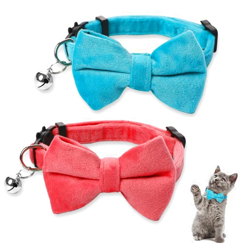 Sliverdew 2 Pcs Velvet Cat Bow Tie Collar Breakaway Cat Collar with Bell Adjustable Bowtie Kitten Small Puppy Safety Collar Solid Color Set Pet Bow Tie Collar (Pink, Blue)