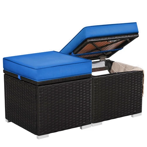 Yaheetech Wicker Ottomans, Set of 2 Patio PE Rattan Side Tables w/Hidden Storage & Removable Cushion, Outdoor Indoor Footstools Additional Seating for Garden/Balcony/Yard - Brown/Dark Blue