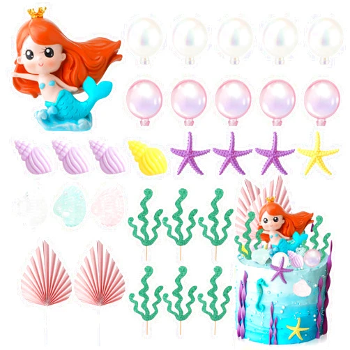 Hungdao 30 Pieces Mermaid Cake Topper Birthday Under the Sea Cake Decoration Resin Mermaid Doll Cake Topper Bubble Starfish Shell Conch Sea Grass Cake Picks for Mermaid Party Baby Shower Wedding Supplies