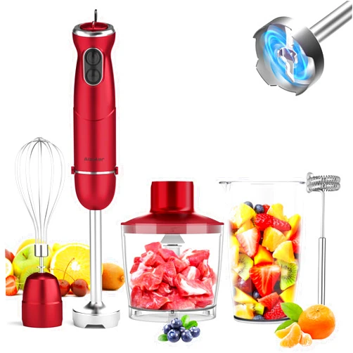 Abuler Immersion Blender 5 in 1 Hand Blender, Abuler 800W Hand Mixer Stick, 5-in-1, 12 Speed and Turbo Mode Handheld Blender 304 Stainless Steel, With 600ml Mixing Beaker, 500ml Chopper, Whisk and Milk Frother for Soup, Smoothies, Baby Food, Sauce