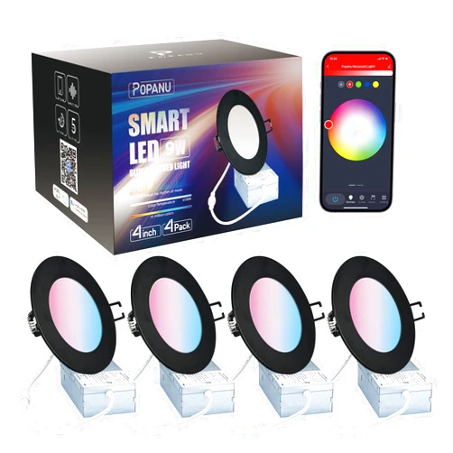 POPANU Smart Wifi Recessed Lighting , 4 inch Canless RGB 16 Million Colors LED Lights 9W， Alexa Can Lights 4 Pack， Wifi Downlight Compatible with Alexa / Google Assistant, Control by APP / Voice 4 inch Black