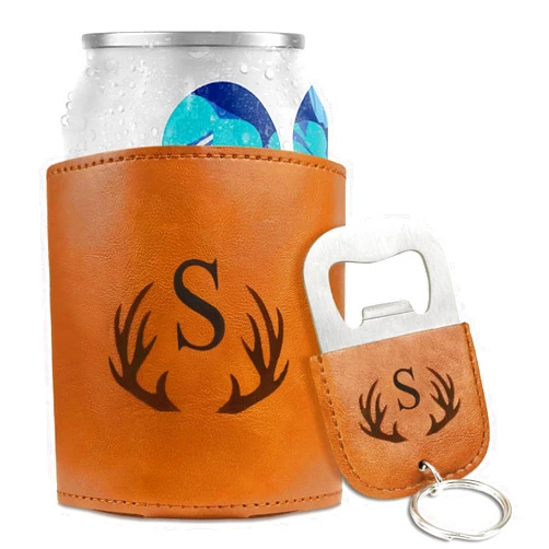 COSHAYSOO Mens Can Cooler Bottle Opener Set Monogrammed Initial Gifts for Him Teacher Coach Appreciation Coworker Retirement Presents Personalized Camping Picnic Party Favor Accessories Brown S