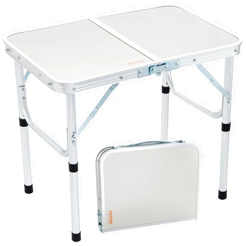 VEVOR Folding Camping Table, Adjustable Height Aluminum MDF Outdoor Portable Fold Up Lightweight Table, for Cooking, Beach, Picnic, Travel, 24'' x 16'', Silver