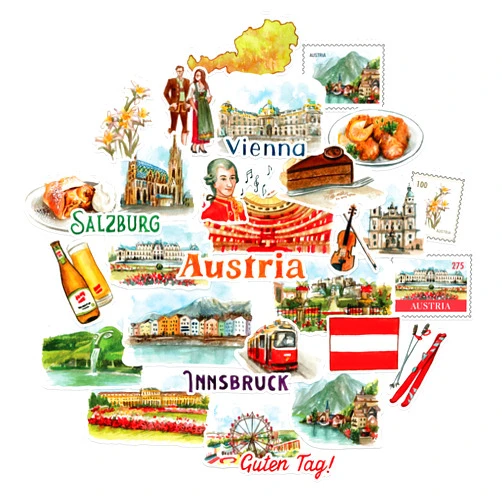 Navy Peony Classical Austria Travel Stickers (31pcs) - Watercolor, Waterproof Iconic Vacation Decals for Journals, Scrapbooks, Water Bottles, Suitcase