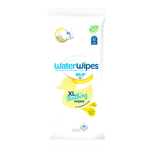WaterWipes Plastic-Free XL Bathing Wipes for Toddlers & Babies, 99.9% Water Based Wipes, Unscented & Hypoallergenic for Sensitive Skin, 16 Count (1 pack), Packaging May Vary