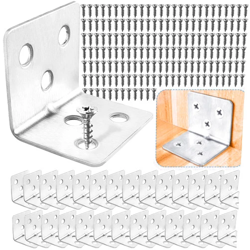 Carooyac 28PCS L Brackets for Wood + 168PCS Screws, Stainless Steel Corner Braces Corner Brackets for Wood, Heavy Duty Metal Angle Brackets for Wooden Shelves Table Chair Bed Frame Cabinet