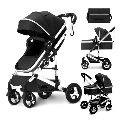 Kinder King 2 in 1 Convertible Baby Stroller, Folding High Landscape Infant Carriage, Newborn Reversible Bassinet Pram, Adjustable Canopy, Diaper Bag, Anti-Shock Toddler Pushchair Stroller, Black