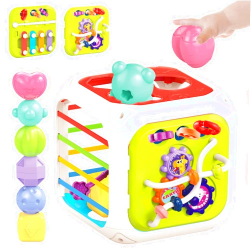 MINGKIDS 7 in1 Sensory Development Multifunctional Sensory Teething Toys for 2 Year Old Boy Girl,Shape Sorter Pull String Travel Car Toys for 18 Month