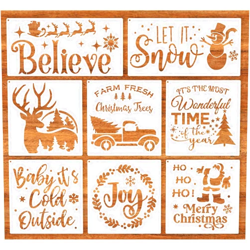 UDOME Christmas Stencils for Painting on Wood Reusable - Merry Christmas/ Let it Snow/ Believe/ Joy/ Santa/ Deer/ Tree Holiday Walls Crafts Canvas Floor Fabric Decorations, 8
