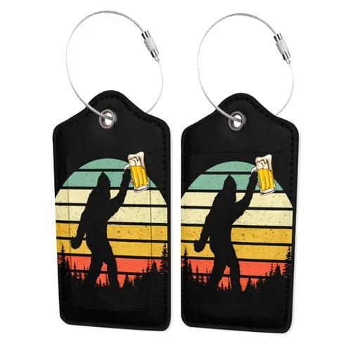 ZEWOCA 2 Pack Leather Luggage Tag for Suitcase Black Sasquatch Unique Travel Tags with Privacy Cover ID Label & Stainless Steel Loop for Men and Women Baggage