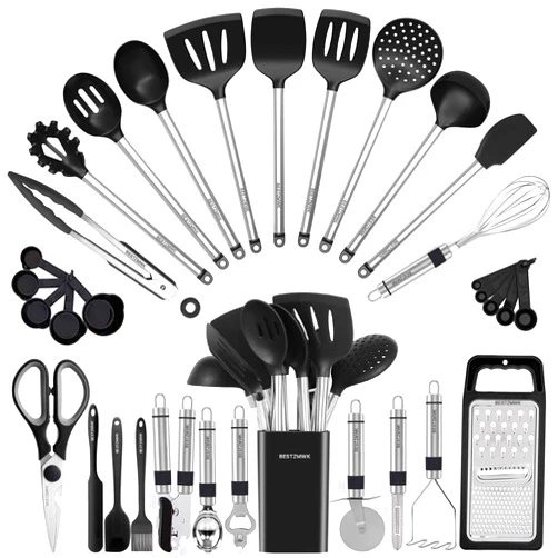 BESTZMWK Kitchen Utensil Set-Silicone Cooking Utensils-33 Kitchen Gadgets & Spoons for Nonstick Cookware-Silicone and Stainless Steel Spatula Set-Best Kitchen Tools, Useful Pots and Pans Accessories