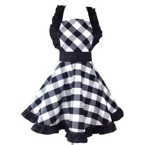 Hyzrz Lovely Retro Aprons for Women with Pocket Cotton Cooking Mother's Day Apron Dress Gift (Black Grid)