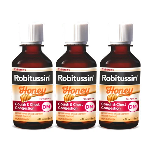 Robitussin Honey Cough and Chest Congestion DM, Children's Cough Medicine Made with Real Honey for Flavor - 4 Fl Oz (Pack of 3)
