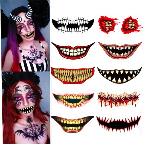 Ncozwo 10 Sheets Halloween Clown Horror Mouth Tattoo Stickers Zombies Vampires Prank Makeup Waterproof Temporary Tattoos Face Decals Prank Props for Cosplay Party DIY Decorations Masquerade Props