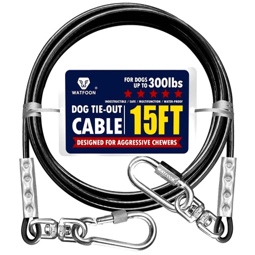WATFOON 15ft Dog Tie Out Cable, 10/15/25/30/40/50/65/75/100/150FT Dog Runner Cable with Swivel Hook, Dog Leash Run Tether for Camping Yard Outdoor for Small to Large Pets Up to 300lbs