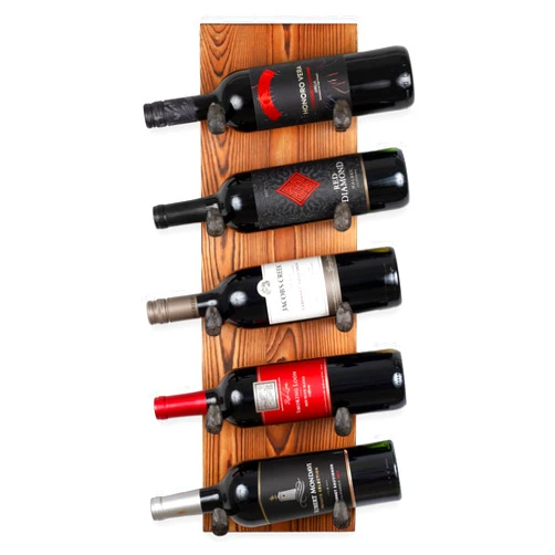 Rustic State Alicante Wall Mounted Reclaimed Wood Vertical Wine Rack Holder Shelf Organizer with Railroad Spike Cast Iron Hooks for 5 Bottles - Home, Kitchen, Dining Room Bar Décor - Walnut