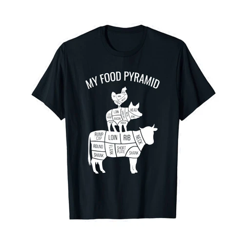 For Carnivores Only Apparel & Gifts My Food Pyramid Funny Carnivore Cow Pig Chicken T-Shirt