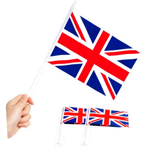 Anley British Union Jack UK Mini Flag 12 Pack - Hand Held Small Miniature Great Britain Flags on Stick - Fade Resistant & Vivid Colors - 5x8 Inch with Solid Pole & Spear Top