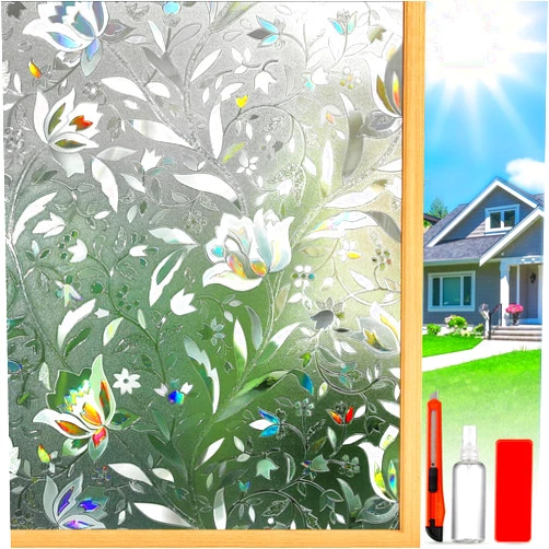 Dwersty Rainbow Window Privacy Film Decorative, Stained Glass Window Tint for Home, 3D Decals Window Clings for Glass Windows, Static Cling Window Sticker, Suncatcher Window Cover,17.5