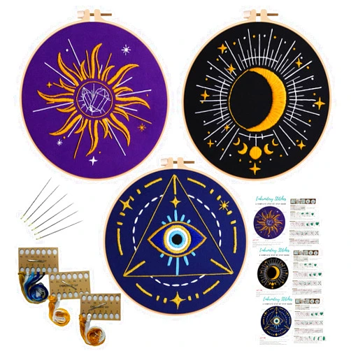 Louise Maelys 3 Set Tarot Embroidery Kits for Beginners with Sun Moon Evil Eye Pattern,Adults Starter Cross Stitch Kit DIY Needlepoint Kits