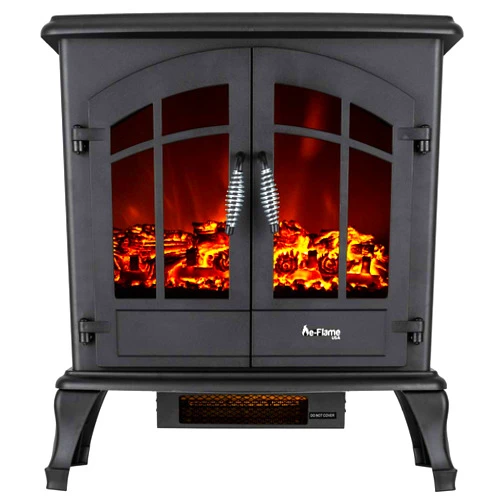 E-Flame USA Jasper Freestanding Electric Fireplace Stove Heater - Realistic 3-D Log and Fire Effect (Black)