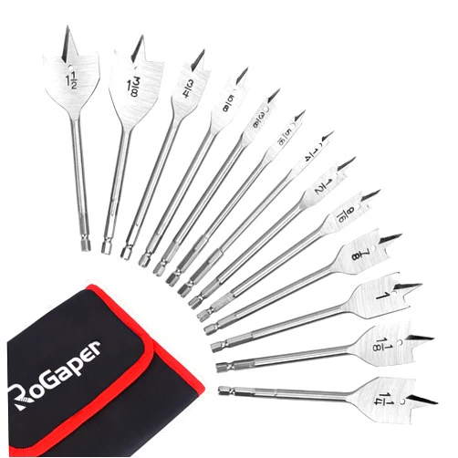 ROGAPER 13-Piece Spade Drill Bit Sets, Alloy Steel Paddle Flat Bit with Quick Change Shank, Flat Wood Hole Cutter Fit for Woodworking, Assorted Bits with Nylon Storage Pouch, 1/4