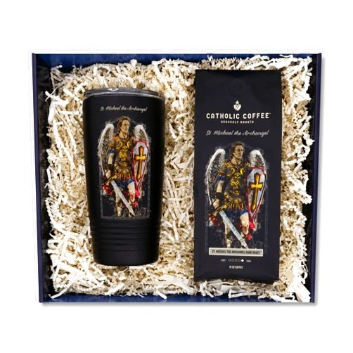 Catholic Coffee St. Michael the Archangel Dark Roast Ground Coffee & Tumbler Gift Set – 12oz Bag, Christmas Gift for Coffee Lovers, Catholic Holiday Box