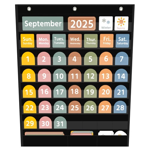 REGELETO Large Boho Calendar Pocket Chart with 96 Cards for Classroom, Size:32.25 x 28 inch Black Monthly Calendar and Weather Pocket Chart for Kids Learning for Home or Kindergarten.