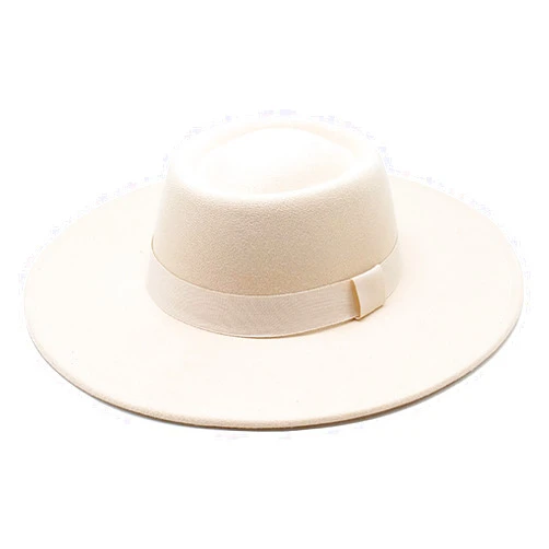 Mawjom Wide Brim Panama Fedora Hat - Warm Felt Flat Top Pork Pie Cap for Women Men (Size:M/L)