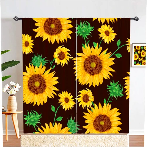 ANHOPE Sunflower Curtains Oil Painting Art Theme Window Drapes Yellow Flower Green Leaf Floral Plant Print Pattern Rod Pocket Room Decor Privacy Curtains for Bedroom Living Room 2 Panels 42 x 84 Inch