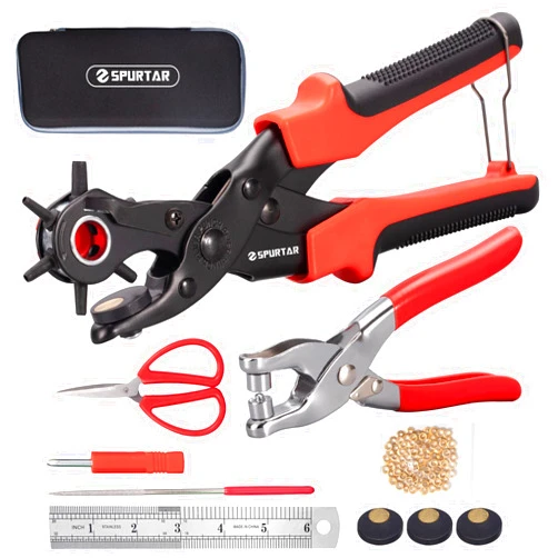 Spurtar Leather Hole Punch Multi-Size Leather Hole Punch Tool & Grommet Tool Kit Revolving Leather Punch Tool Belt Hole Puncher for Leather Fabric Plastic Watch Bands Paper DIY