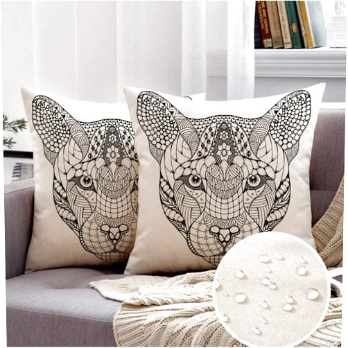 Bknnami Waterproof Throw Pillow Covers 18x18 inch Set of 2 for Outdoor Couch Cougar Stylized Mountain Zen Lion Panther Head Sketch Animals Wildlife Wild Pencil Abstract Animal Decorative Cushion Cases