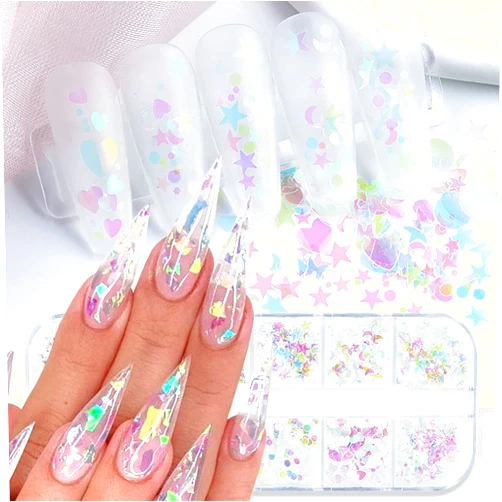 Vezocim Iridescent Nail Art Glitter Sequins, Holographic 3D Ultra Thin Nail Art Glitter Flakes Designs, Heart Butterfly Round Star Acrylic Nails Supplies for Women Girls Manicure Decorations, DIY Nail Crafts