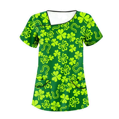 AMXYFBK Women St. Patrick's Day Scrub Top Short Sleeve Shamrock Print Medical Nurse Uniform with Pocket