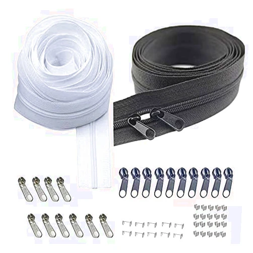 Cpqakb Bulk Zippers Tape 6 Yards #3 Nylon Coil Zippers by The Yard with 20pcs Zipper Sliders and Stops as Gift Zipper Repair Kit for Sewing Tailor Crafts Bages(Black & White)