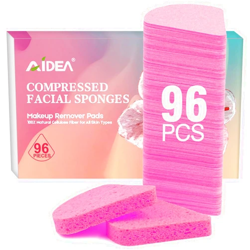 AIDEA 96Count Compressed Facial Sponges Pink, AIDEA Disposable Face Sponges, Natural Cellulose Cosmetic Spa Sponges for Facial Cleansing, Exfoliating, Makeup Remover Pads, Travel Essentials